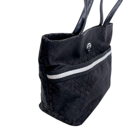 Tommy Hilfiger Tote Black Fabric Bag Allover Monogram Pockets Preppy Shopper - Picture 4 of 15